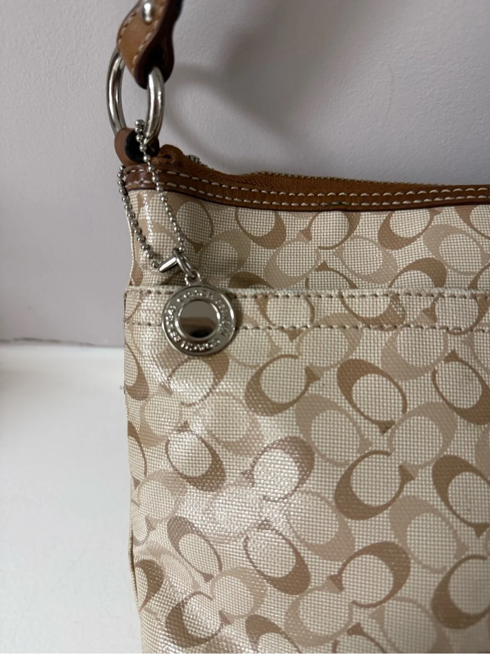 Coach Beige Signature Crossbody with Brown Leather Trim!